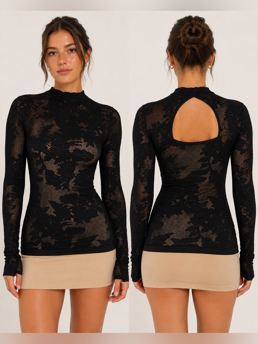 Stretchy Lace Long-Sleeve Keyhole Top